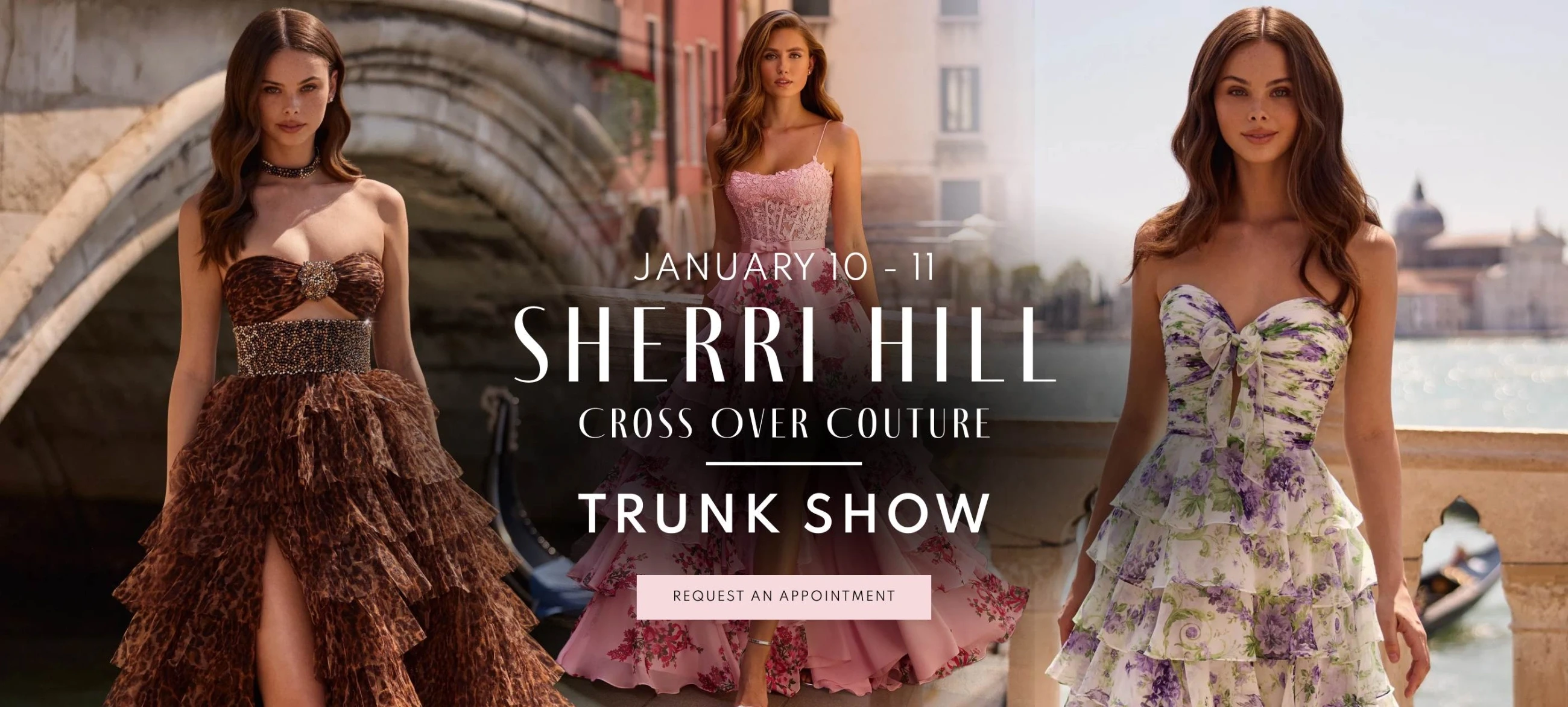 Models wearing Sherri Hill prom dresses, desktop banner