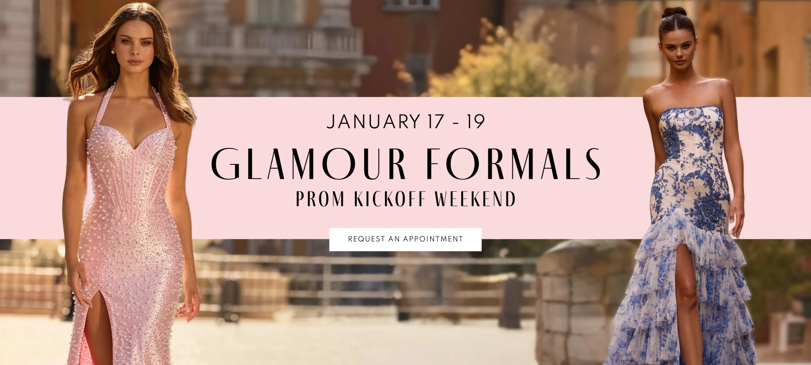 Models wearing Spring 2026 prom dresses, desktop banner